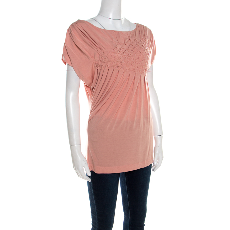 Escada Bellini Pink Diamond Pattern Pleated Jersey Cap Sleeve Estrelle Top M