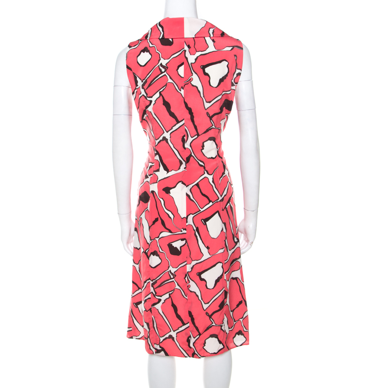 Escada Pink And White Abstract Print Silk Sleeveless Tie Up Dress M