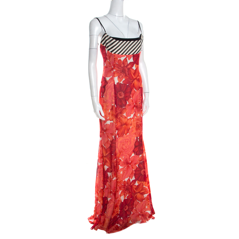 

Escada Pink Floral Print Silk Corset Bodice Flared Abendkleid Maxi Dress