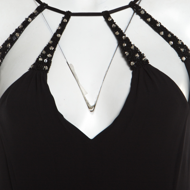 Escada Black Crepe Silk Sequin Embellished Fringed Hem Evening Dress M