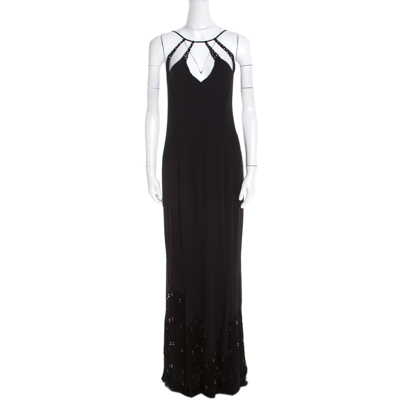 Escada black crepe silk sequin embellished fringed hem evening dress m