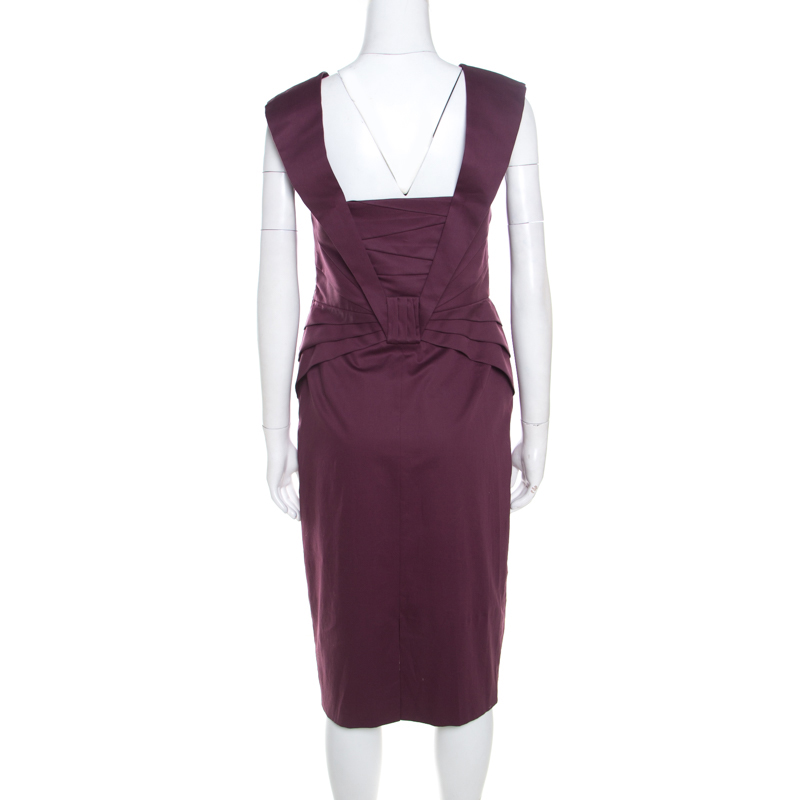 Escada Purple Cotton Stretch Pleated Bodice Detail Sleeveless Pencil Dress M