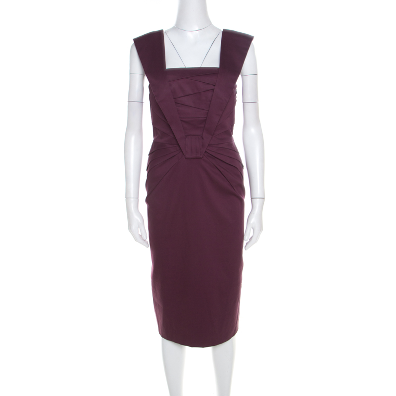Escada purple cotton stretch pleated bodice detail sleeveless pencil dress m