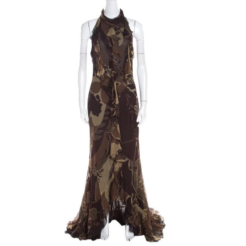 Escada green and brown fauna print plisse silk ruffled halter maxi dress m