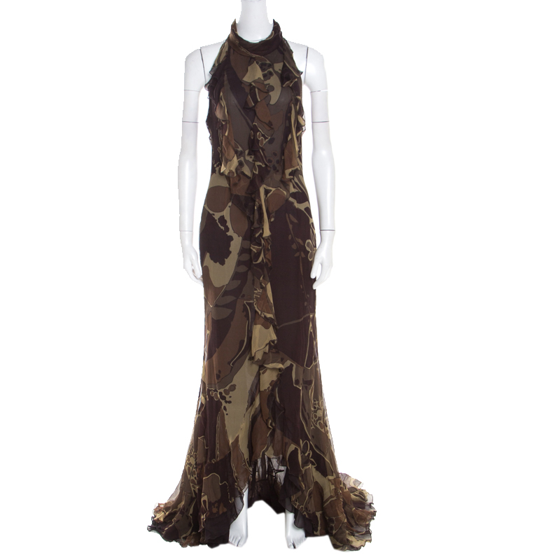 Escada Green And Brown Fauna Print Plisse Silk Ruffled Halter Maxi Dress M