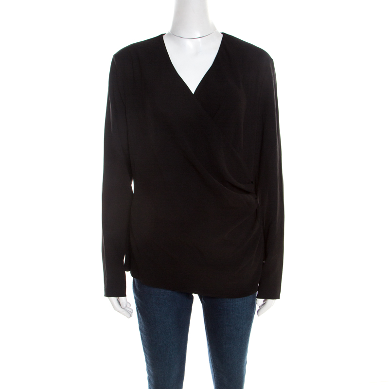 Image of Escada Black Knit Ruched Crossover Front Long Sleeve Namie Top L