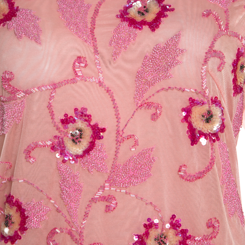 Escada Pink Tulle Overlay Floral Embellished Off Shoulder Blouse L