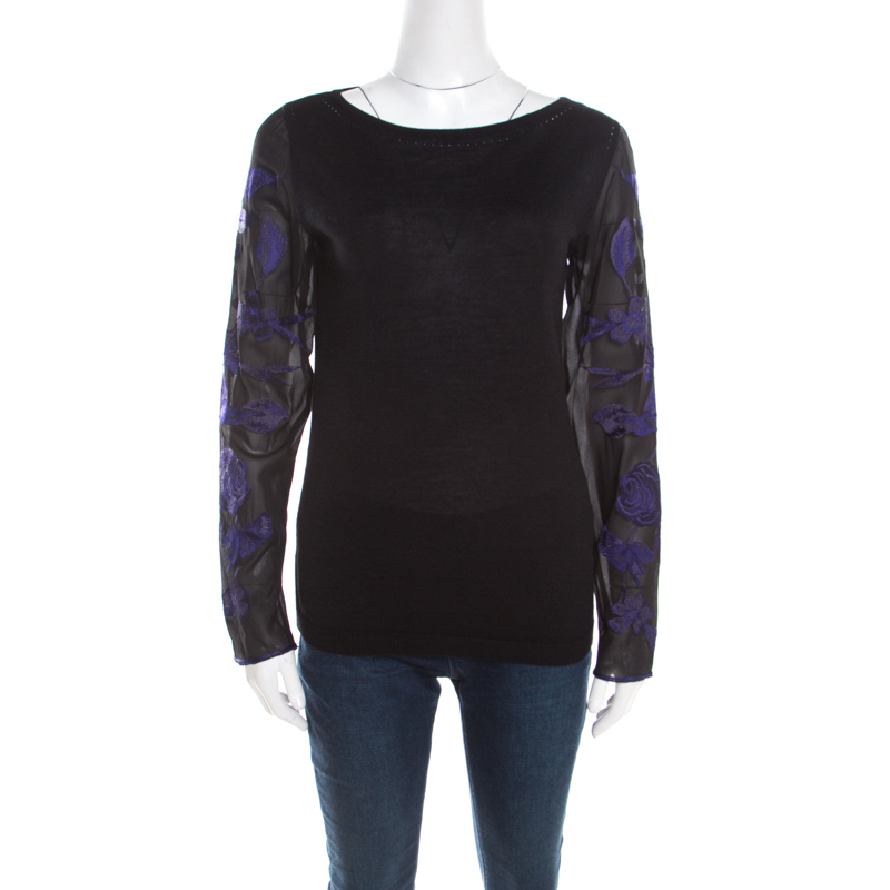 Escada Black Silk Wool Knit Floral Embroidered Long Sleeve Top S