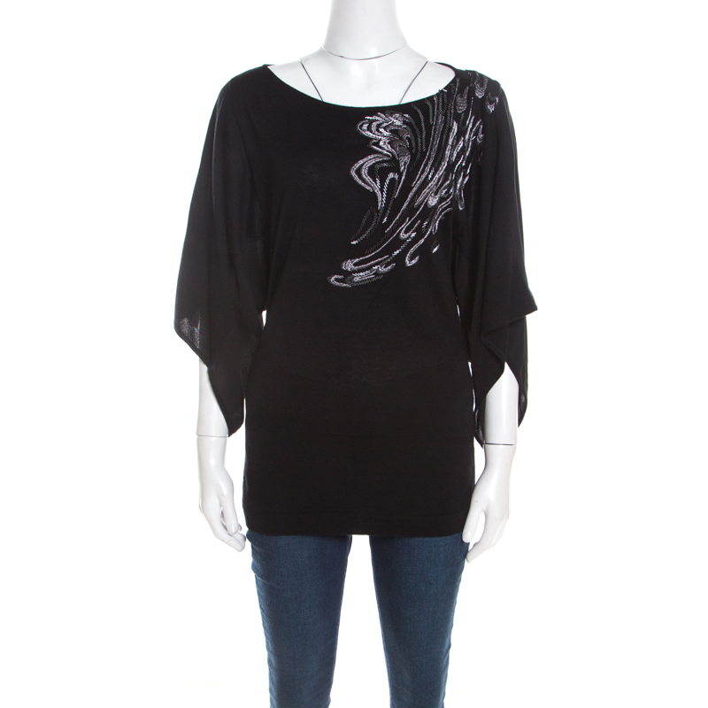 Image of Escada Black Stretch Knit Embellished Waterfall Sleeve Top M