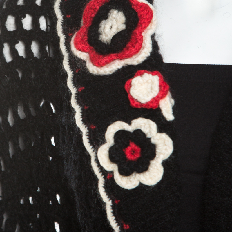 Escada Black Crochet Knit Floral Applique Scalloped Tassel Edge Long Cardigan L