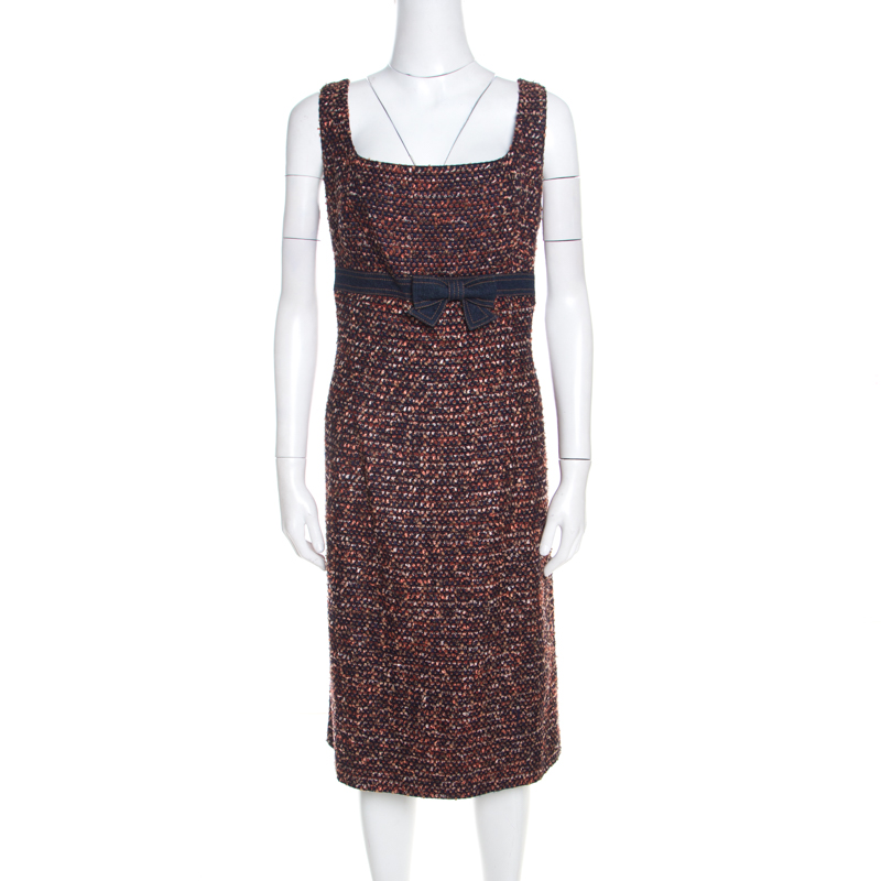 Escada multicolor tweed denim bow detail sleeveless shift dress xl