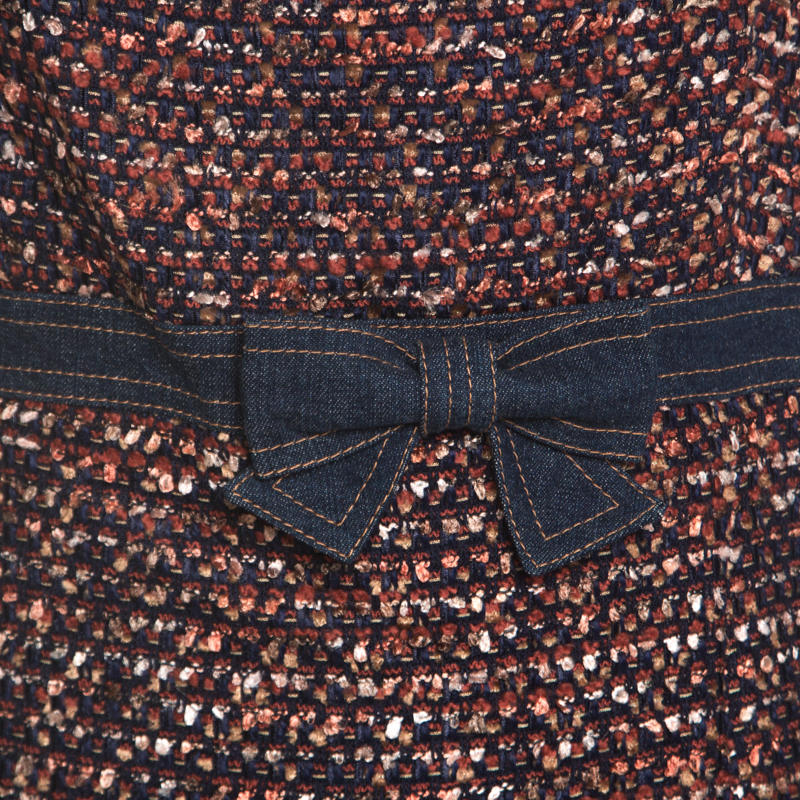 Escada Multicolor Tweed Denim Bow Detail Sleeveless Shift Dress XL