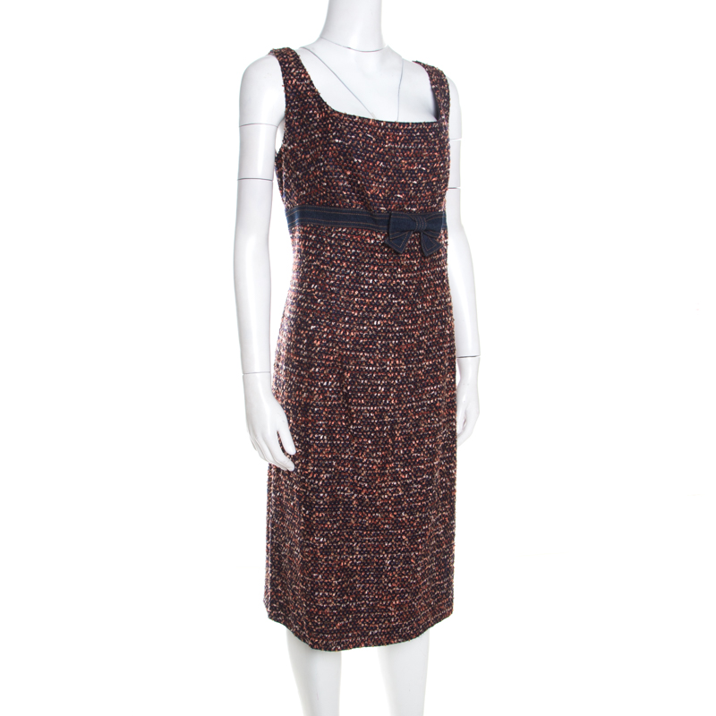 Escada Multicolor Tweed Denim Bow Detail Sleeveless Shift Dress XL