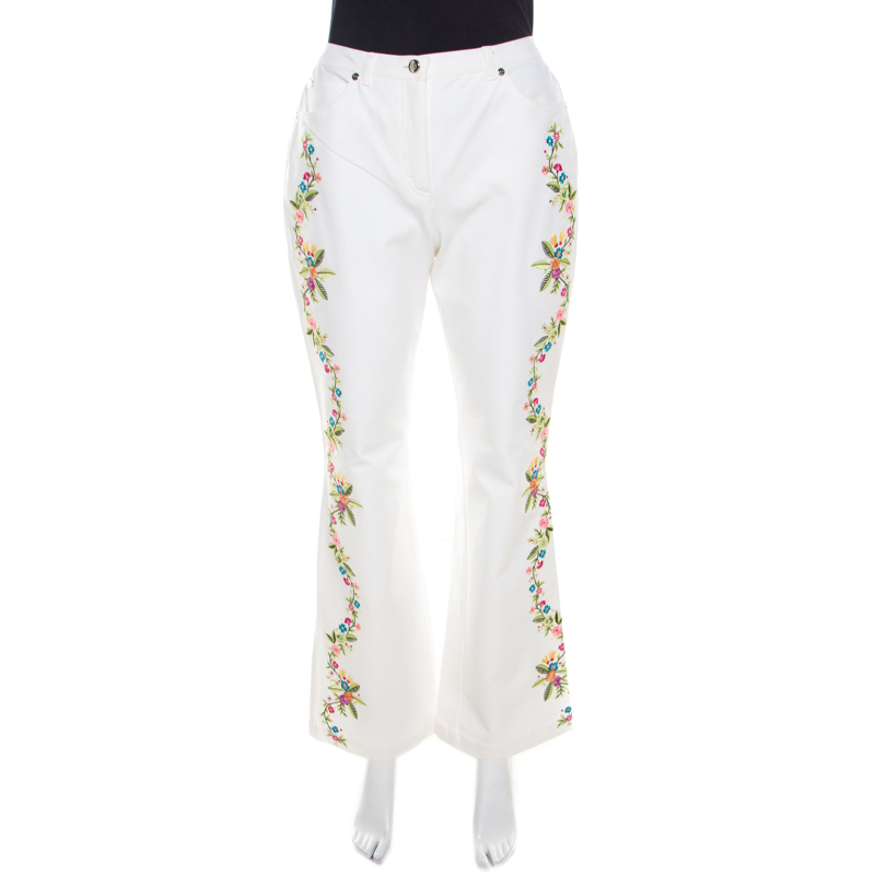 Escada white cotton stretch denim floral embroidered detail flared trousers m