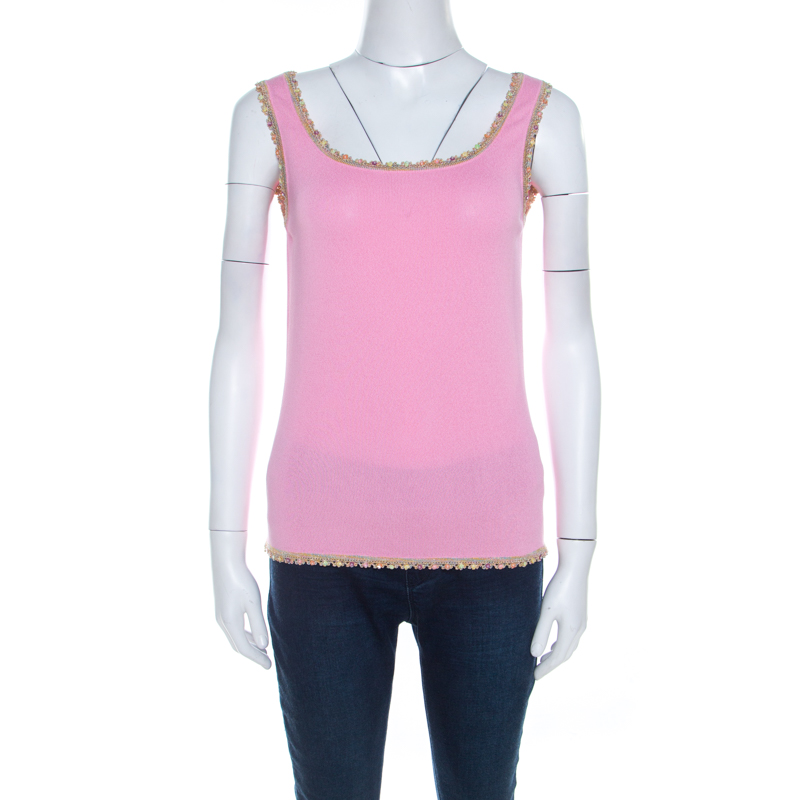 Escada baby pink stretch knit sequined lace trim sleeveless top m
