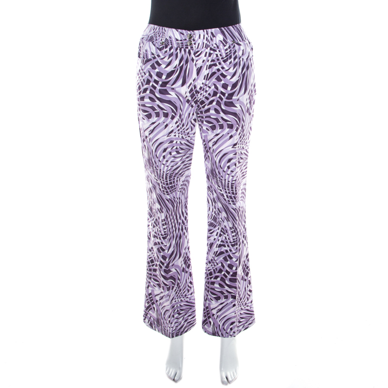 Escada purple abstract print cotton flared trousers m