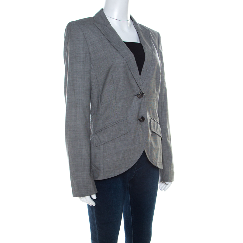 Escada Grey Wool Blend Houndstooth Patterned Double Button Blazer M