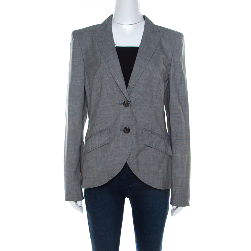 Escada Grey Wool Blend Houndstooth Patterned Double Button Blazer M