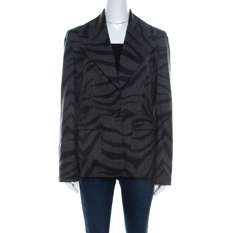 Escada grey cashmere wool animal pattern single button blazer m