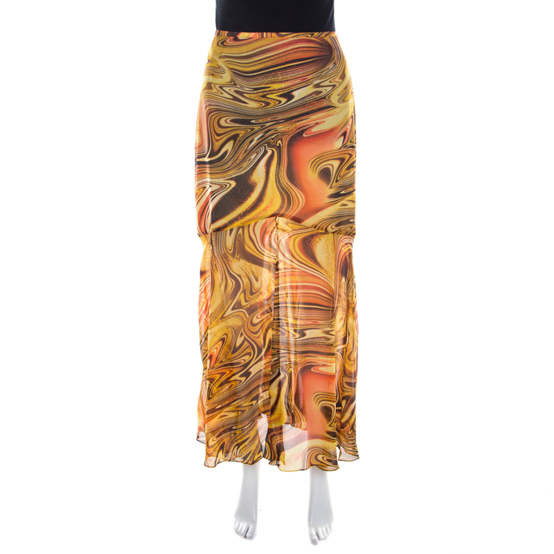 

Escada Silk Chiffon Yellow Abstract Print Sheer Hem Skirt