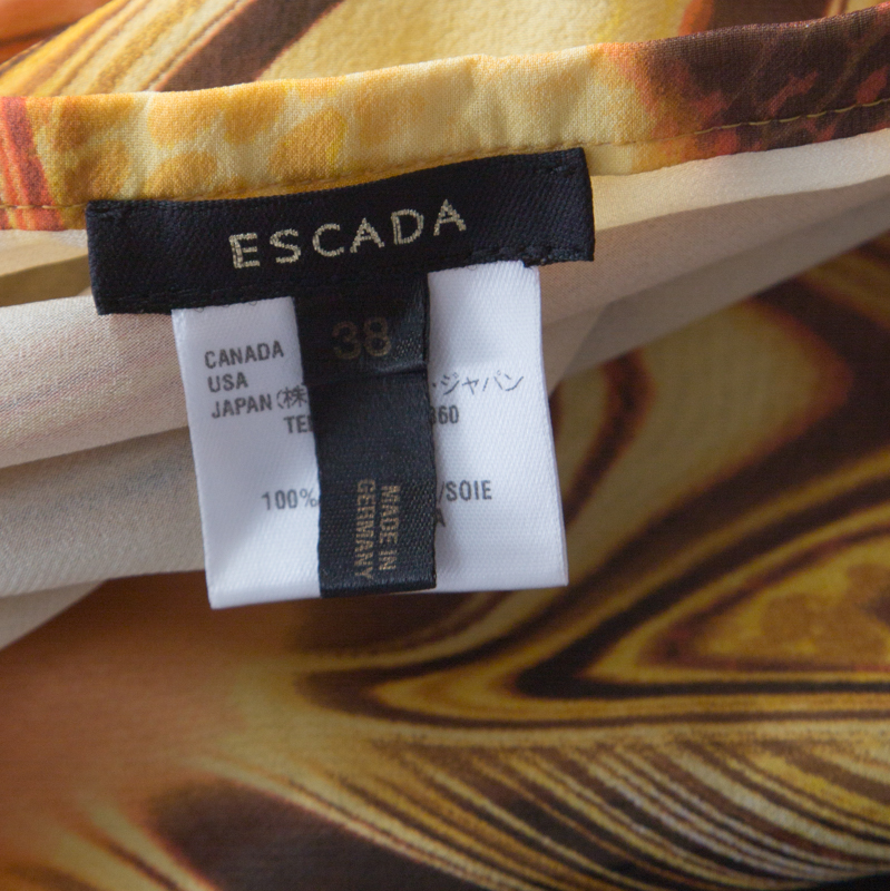 Escada Silk Chiffon Yellow Abstract Print Sheer Hem Skirt M