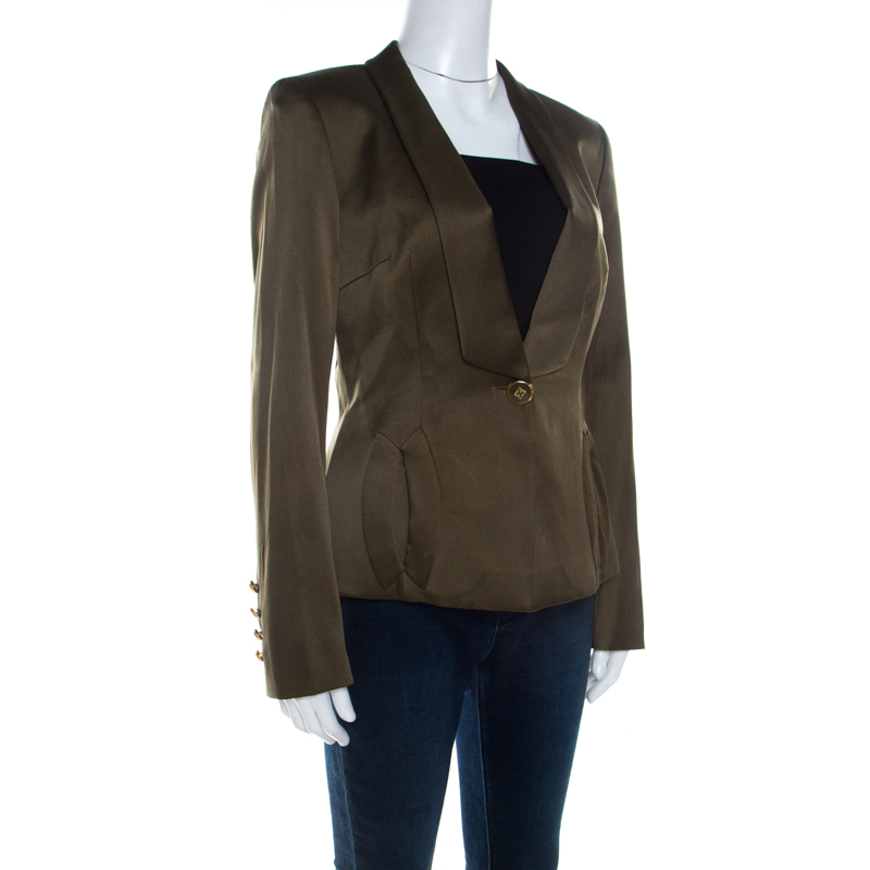 Escada Olive Green Silk Satin Tailored Blazer M