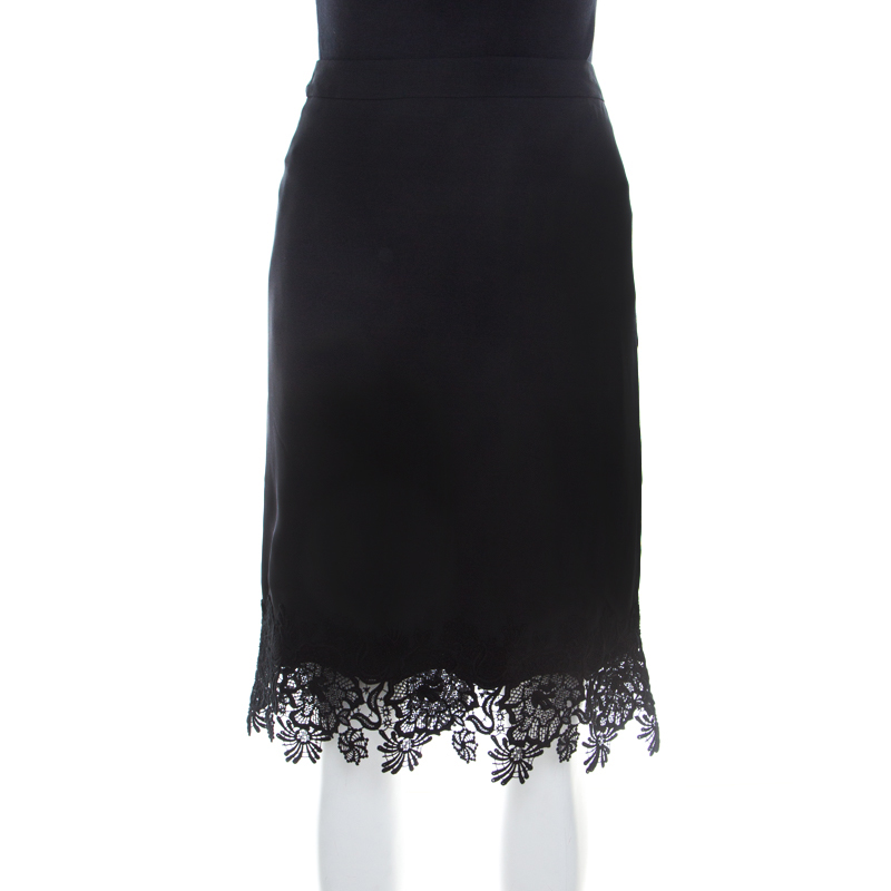 Image of Escada Black Knit Lace Applique Detail Ralace Pencil Skirt L