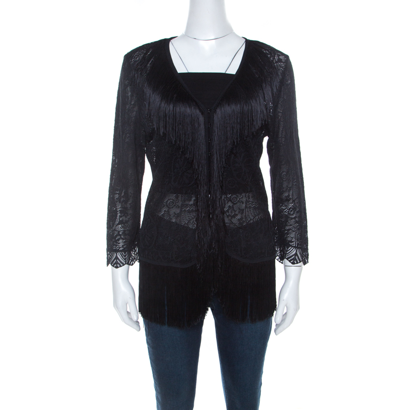 Escada Black Crochet Fringe Detail Cardigan L