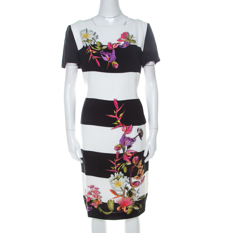 Image of Escada Monochrome Floral Print Wide Striped Crepe Dkantus Shift Dress M