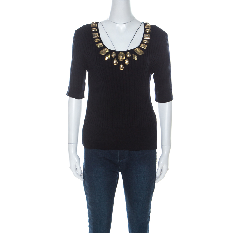 Escada Navy Blue Rib Knit Gold Embellished Neckline Three Quarter Sleeve Top M