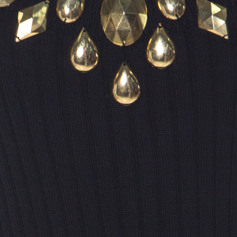 Escada Navy Blue Rib Knit Gold Embellished Neckline Three Quarter Sleeve Top M