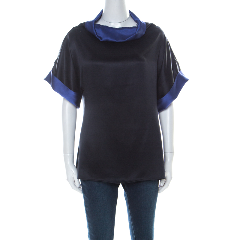 Image of Escada Black and Indigo Silk Turtleneck Short Sleeve Top M