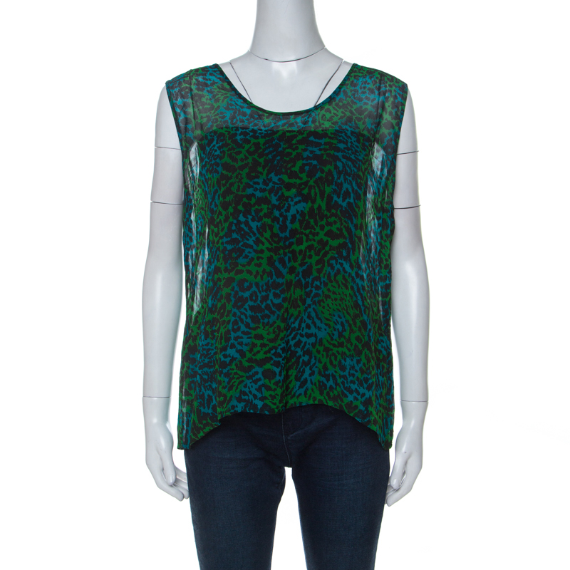 Image of Escada Bicolor Leopard Print Georgette Sleeveless Sheer Top L
