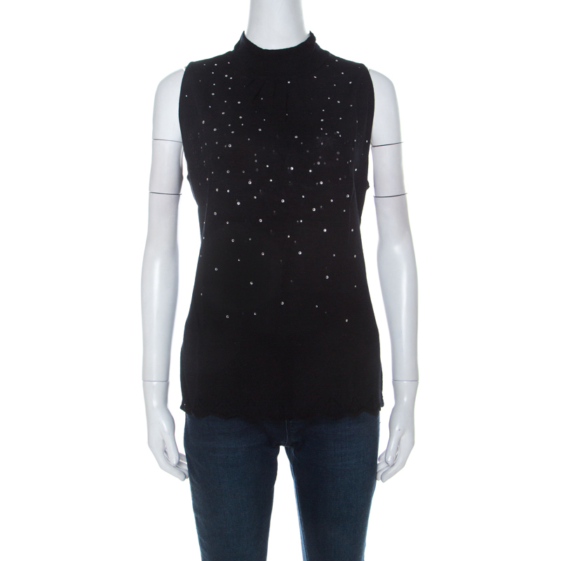 Image of Escada Black Stretch Wool Embellished Sleeveless Lace Top XL