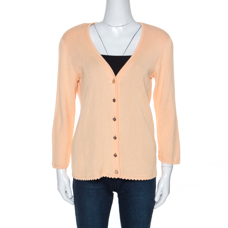 Escada Peach Rib Knit Padded Shoulder Button Front Cardigan M