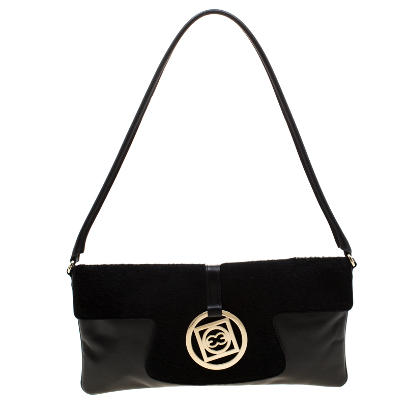 Image of Escada Black Leather and Calfhair Shoulder Bag