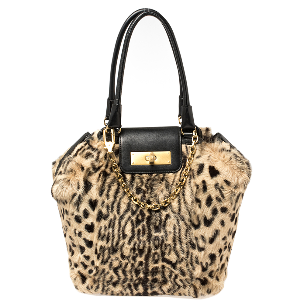 Escada Black/Beige Tiger Print Faux Fur and Leather Turnlock Flap Tote