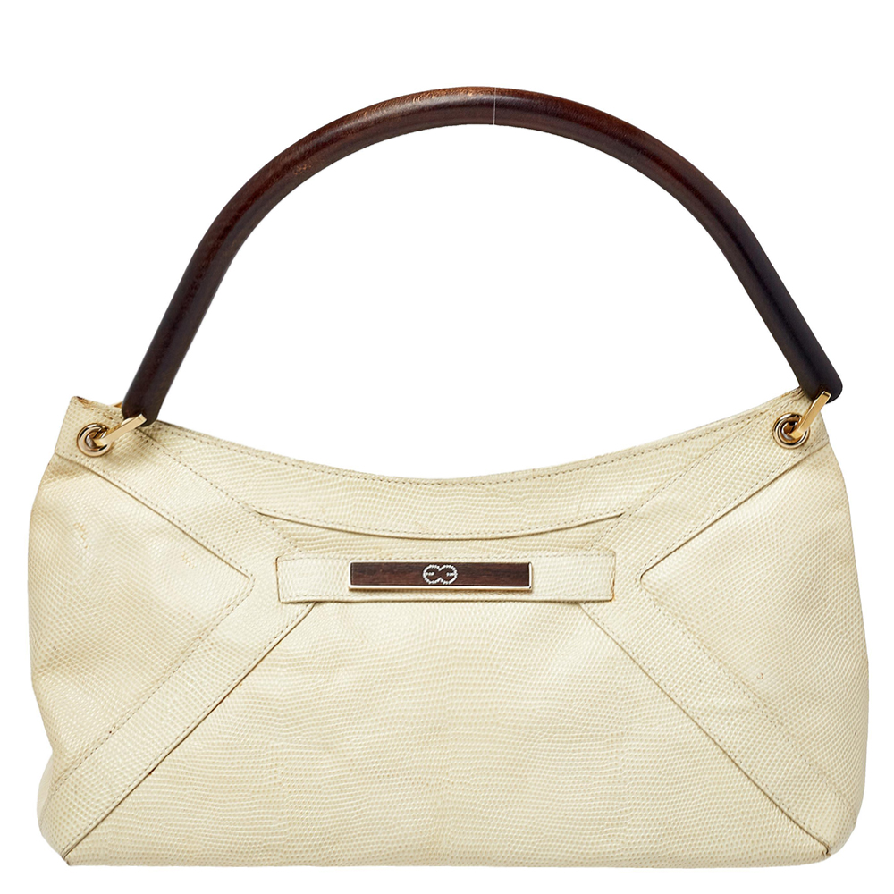 Escada cream lizard embossed leather baguette shoulder bag