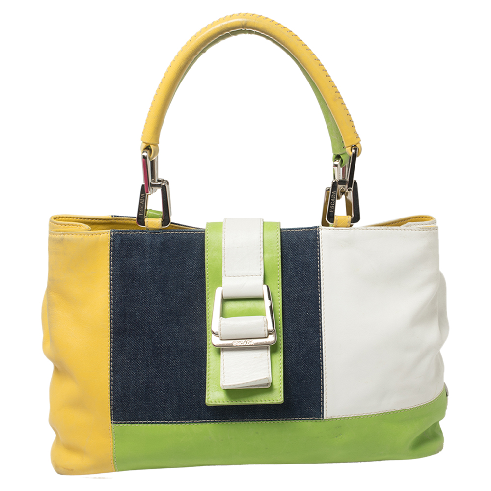 Escada Multicolor Denim and Leather Patchwork Flap Tote