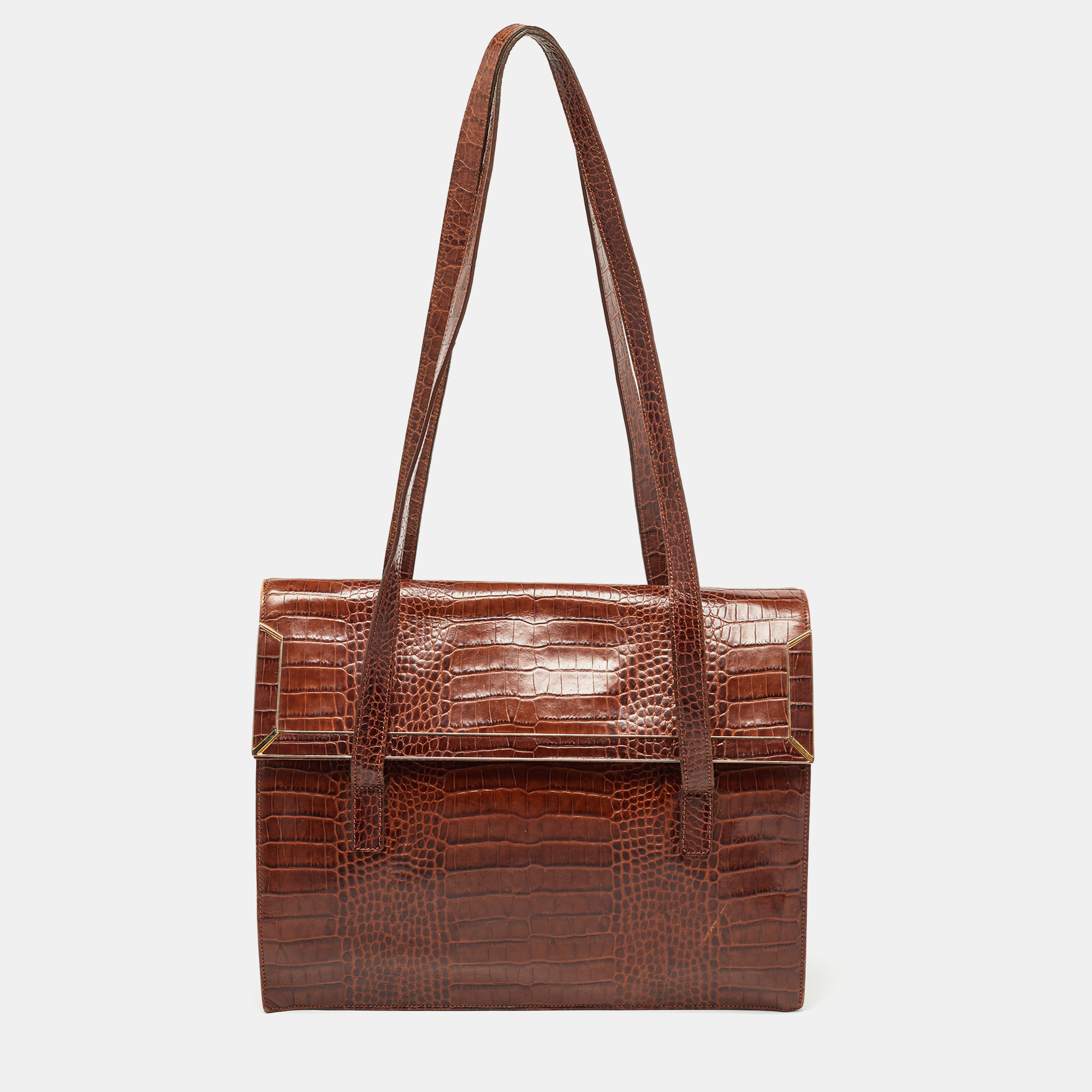 Escada brown croc embossed leather tote