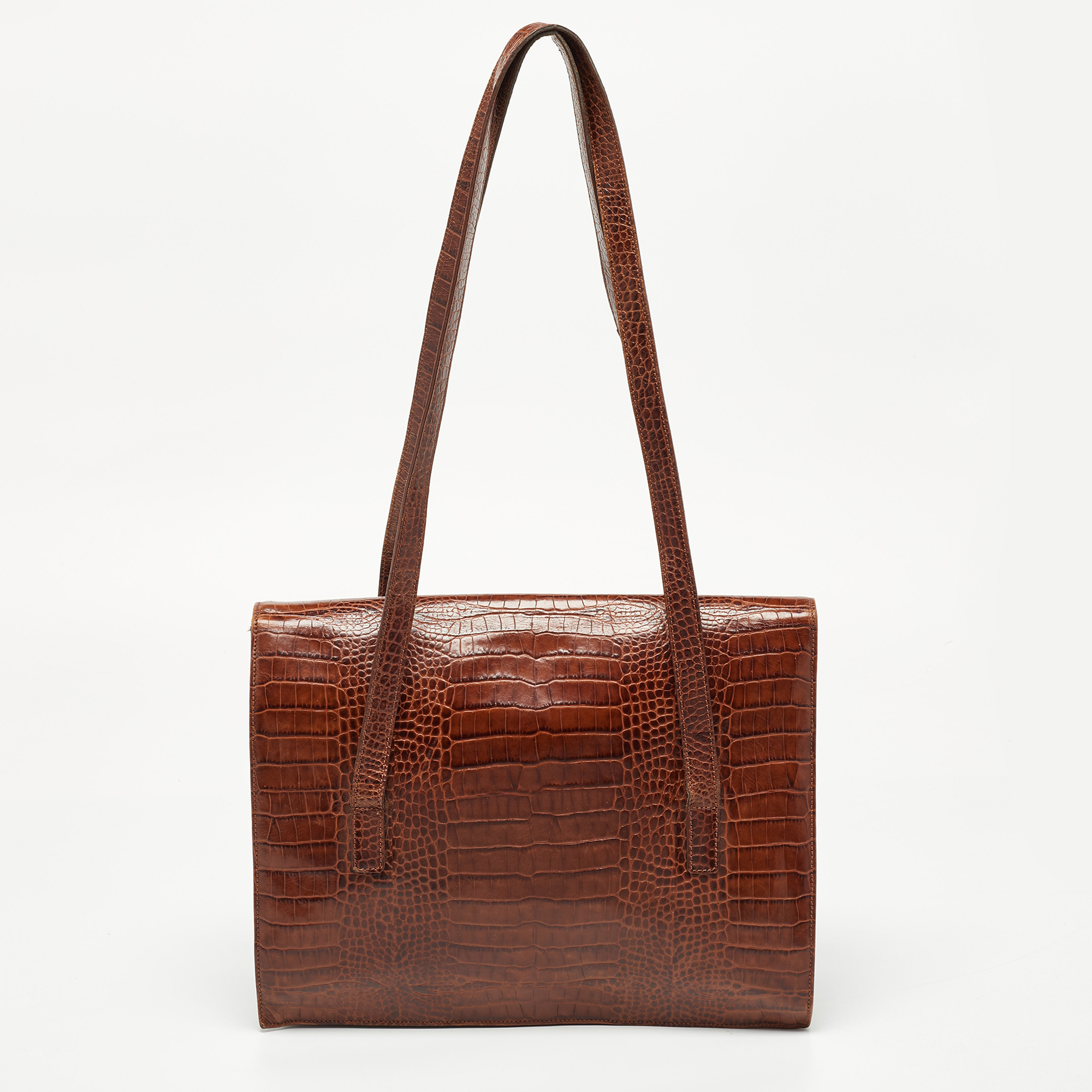 Escada Brown Croc Embossed Leather Tote