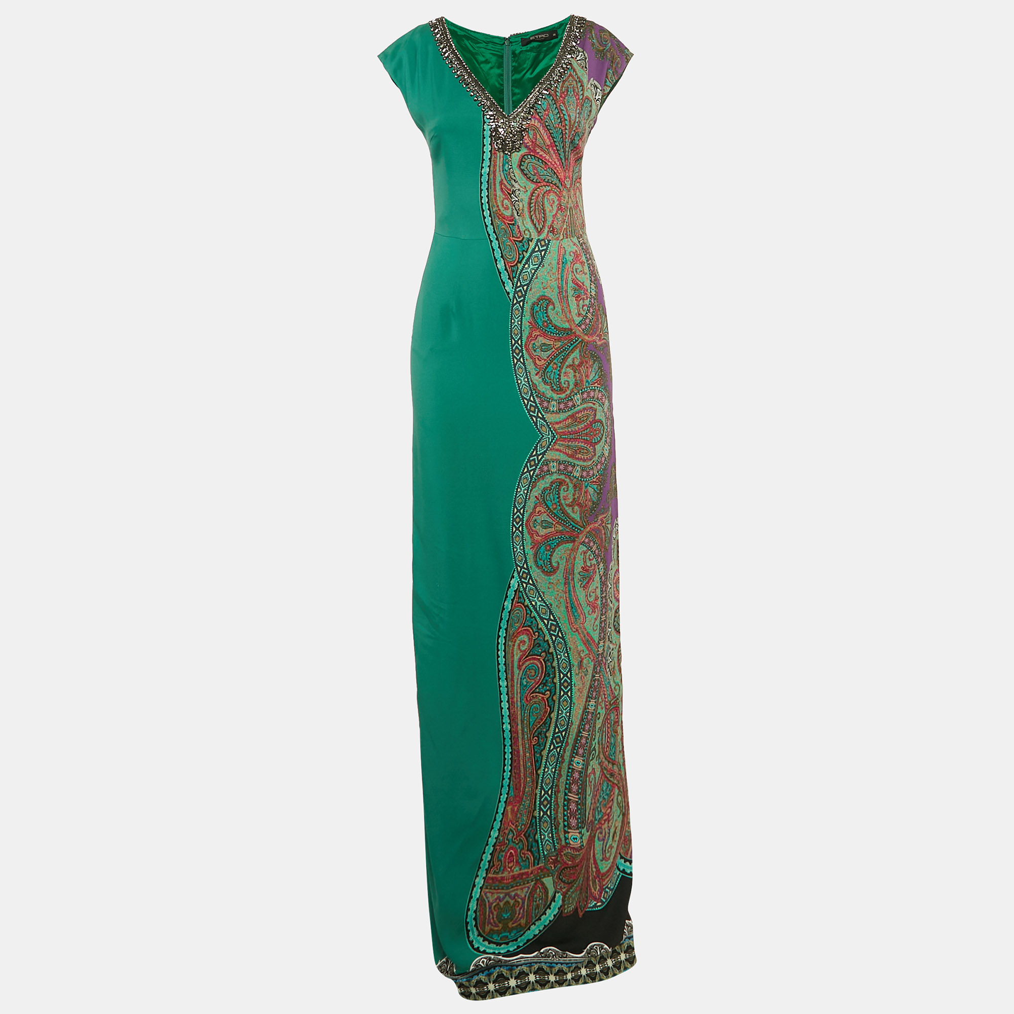 Etro Green Paisley Print Crepe Embellished Maxi Dress S