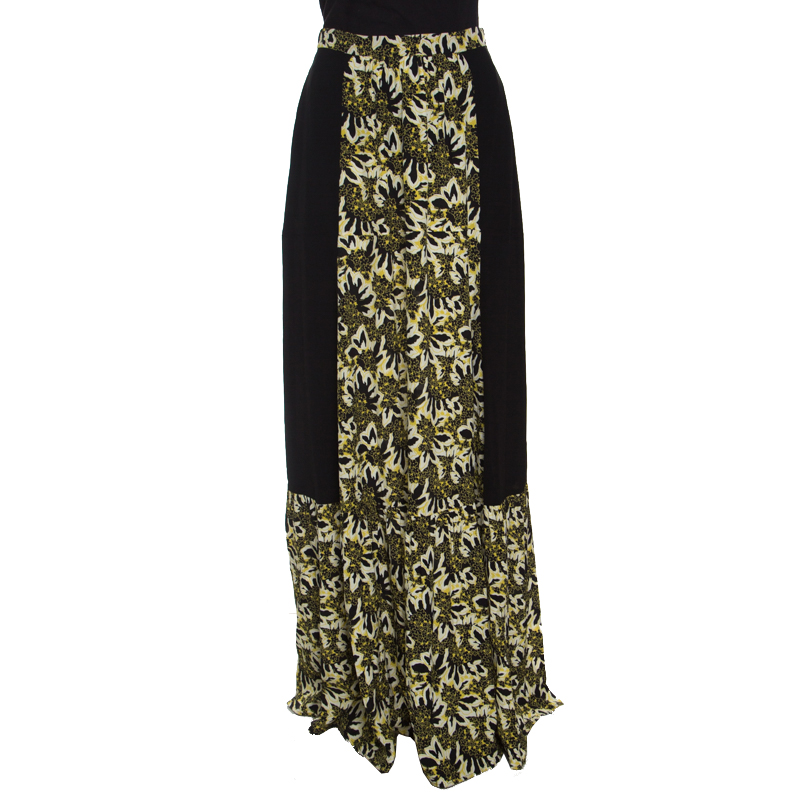 Image of Etro Black and Yellow Floral Printed Silk Maxi Skirt S