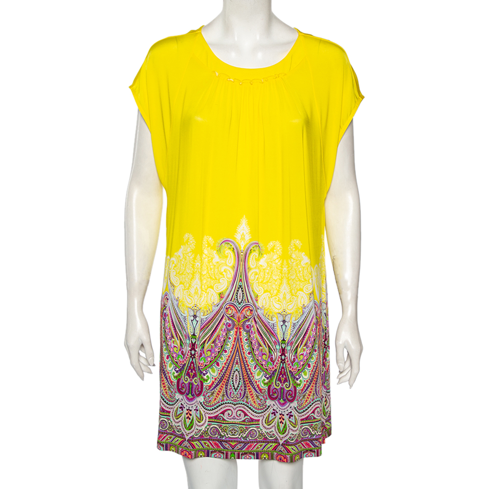 Etro yellow/paisley printed jersey gathered yoke detailed dress m/l