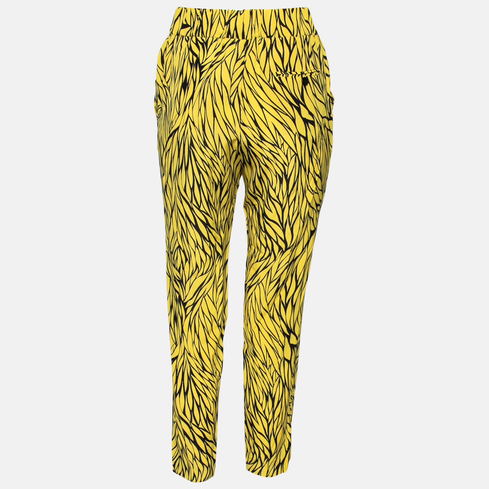 

Etro Yellow and Black Leaf Printed Silk Elasticized Waist Pants