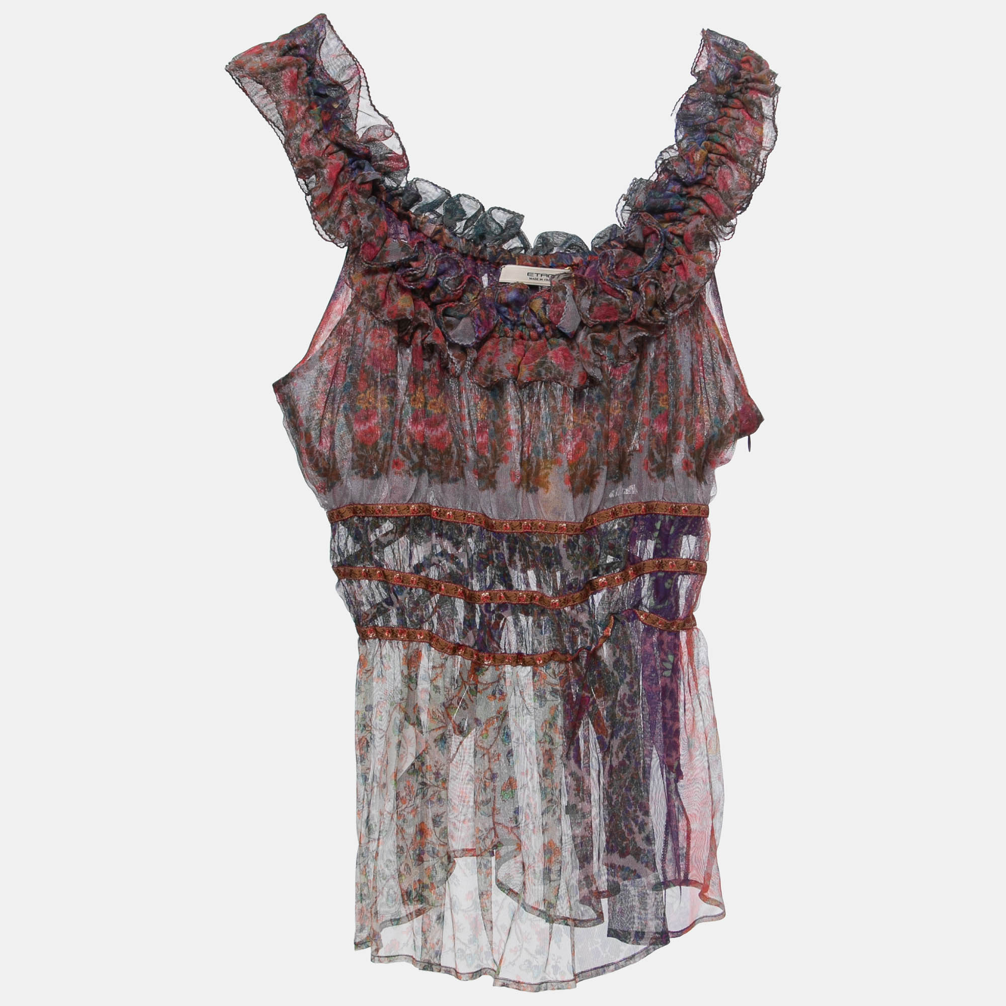 Etro Multicolor Floral Printed Mesh Ruffled String Detail Top L