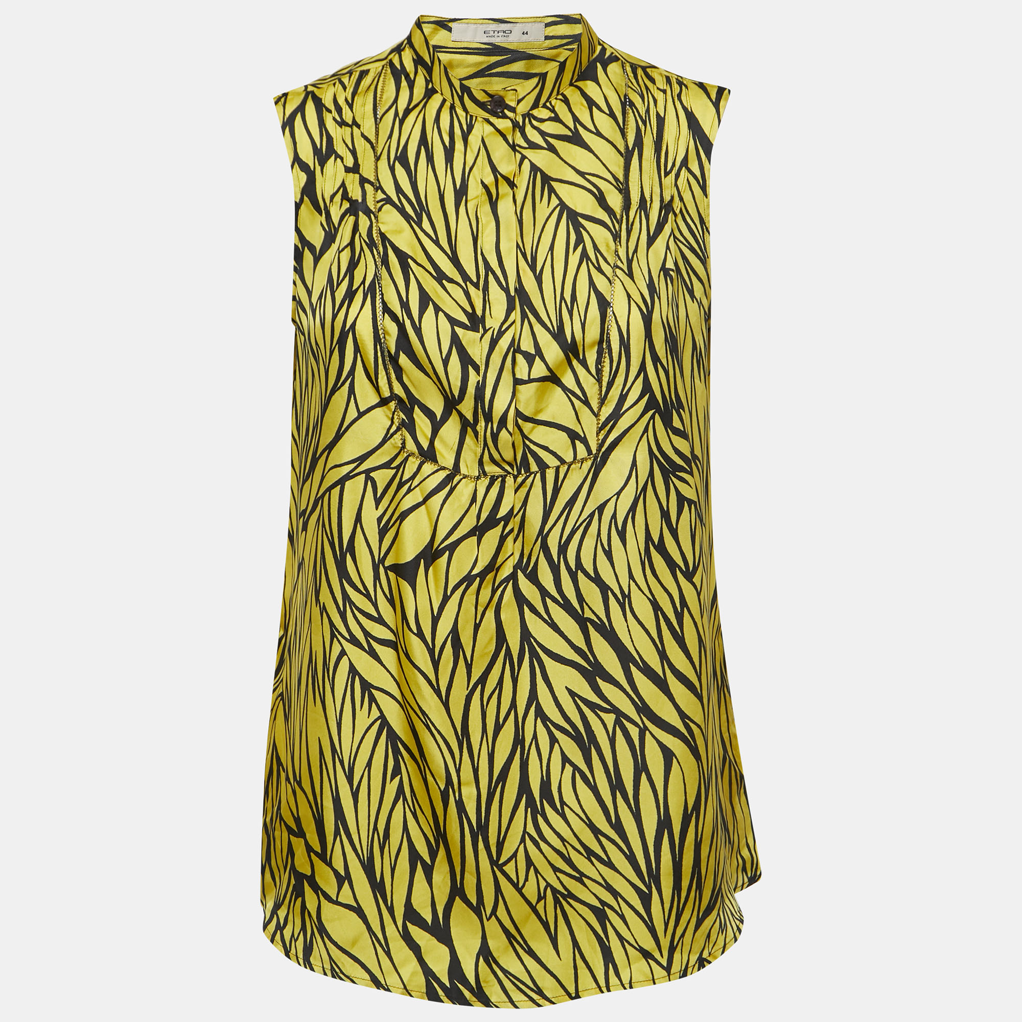 Etro Yellow Leaf Printed Silk Sleeveless Top M