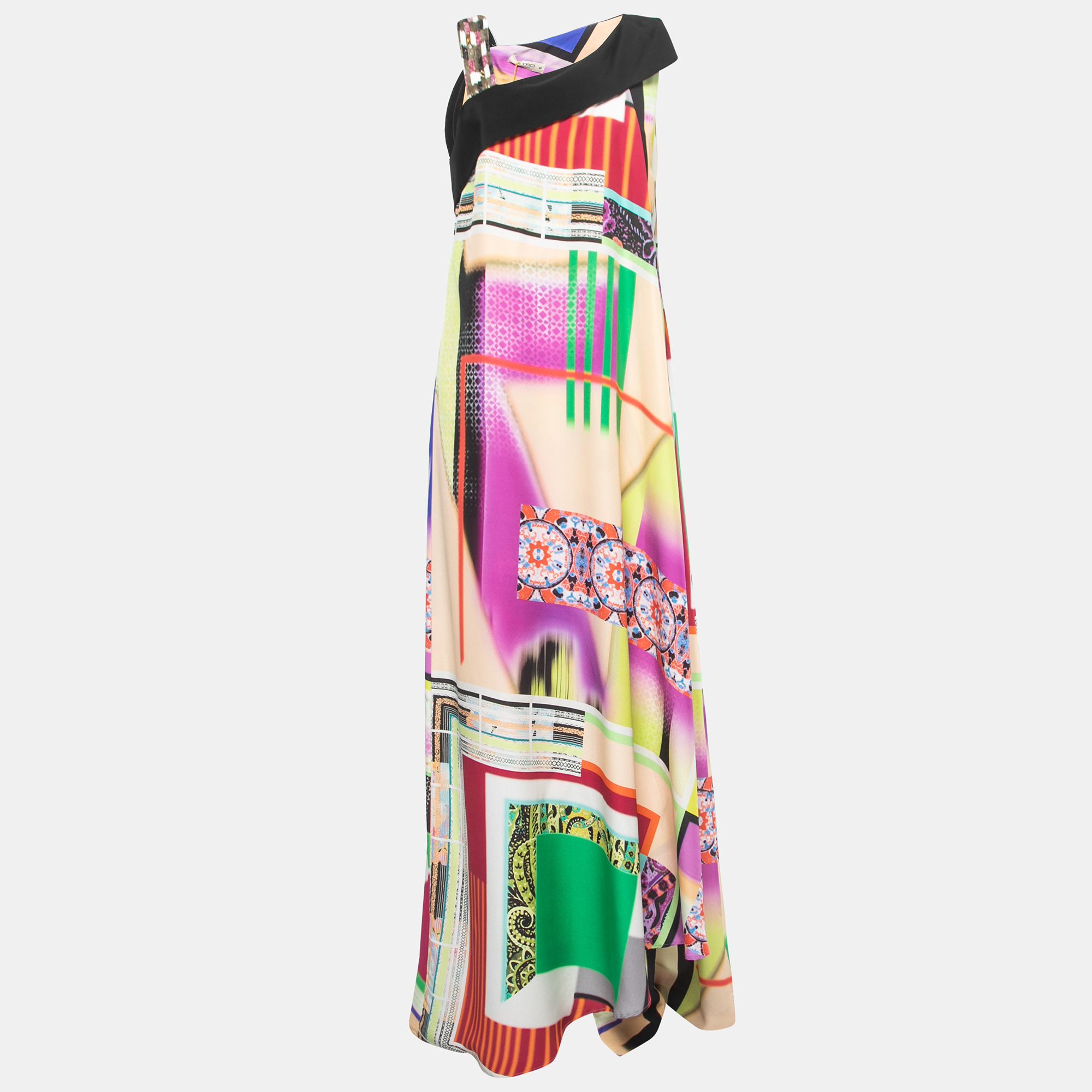 Etro Multicolor Printed Silk Beaded Strap One Shoulder Maxi Dress L
