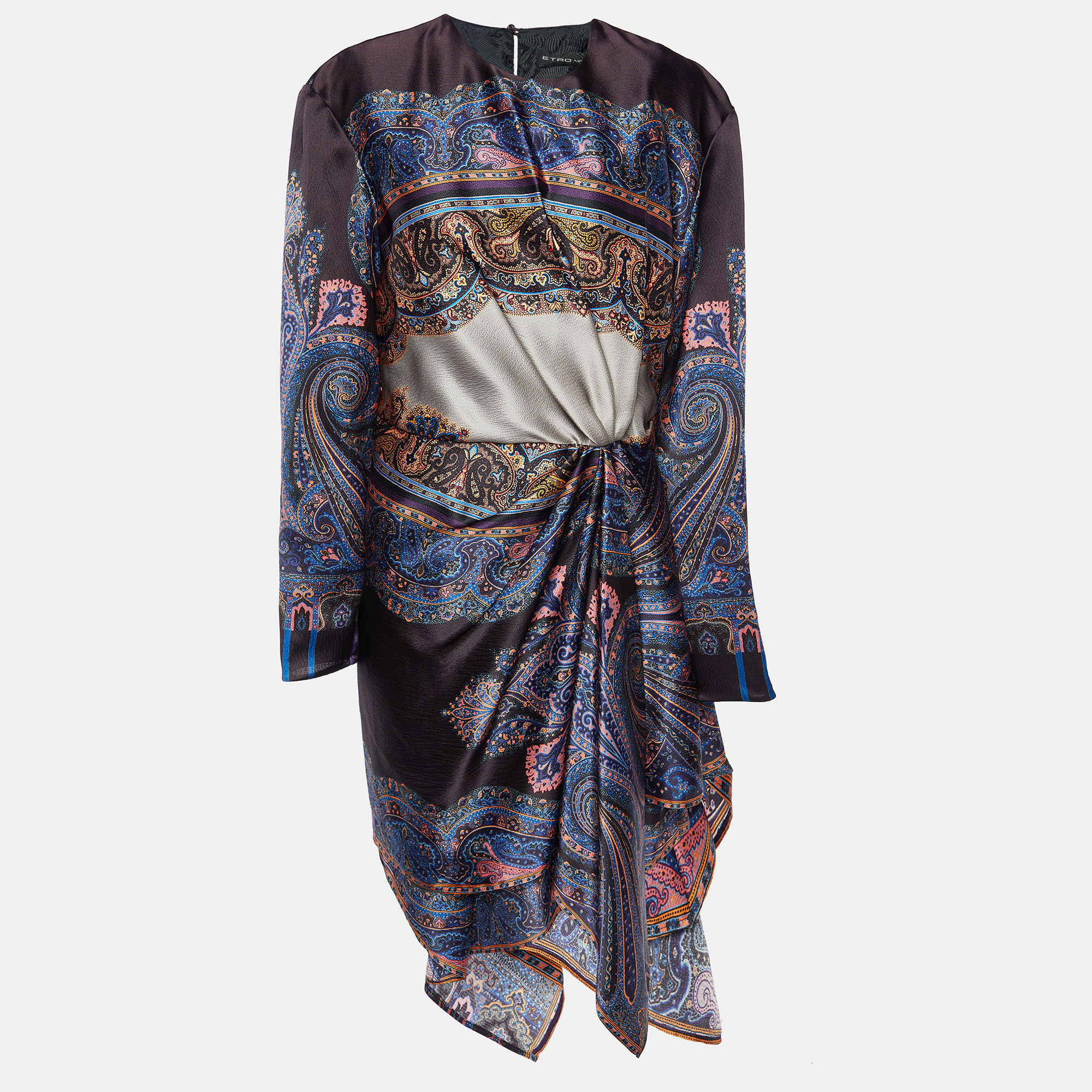 Etro Multicolor Printed Silk Draped Asymmetric Hem Dress L