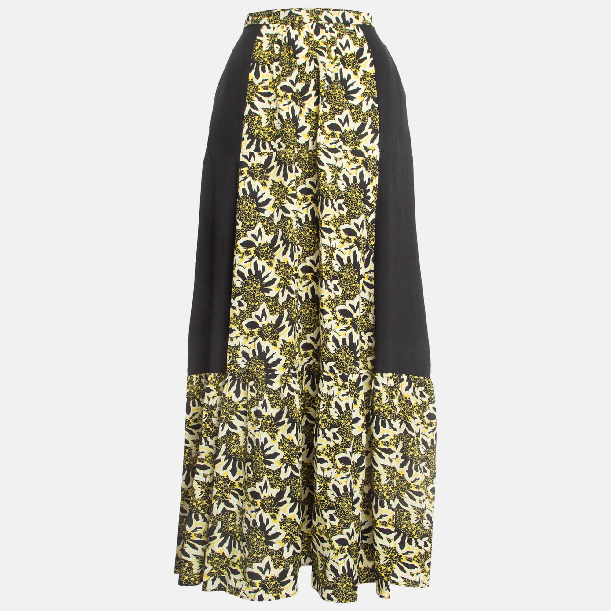 Etro Yellow/Black Floral Print Silk Tiered Maxi Skirt S